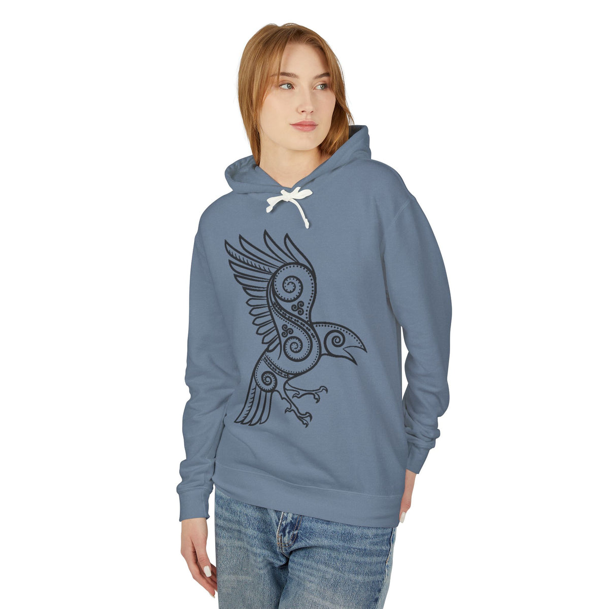 The Raven – Odin’s Messengers-Tribal Raven Hoodie — Intricate Celtic Bird Graphic Lightweight Sweatshirt