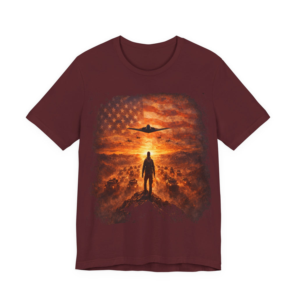 USA-Military Aviation T-Shirt — Bomber Silhouette with American Flag Sunset