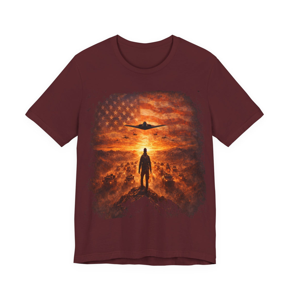 USA-Military Aviation T-Shirt — Bomber Silhouette with American Flag Sunset