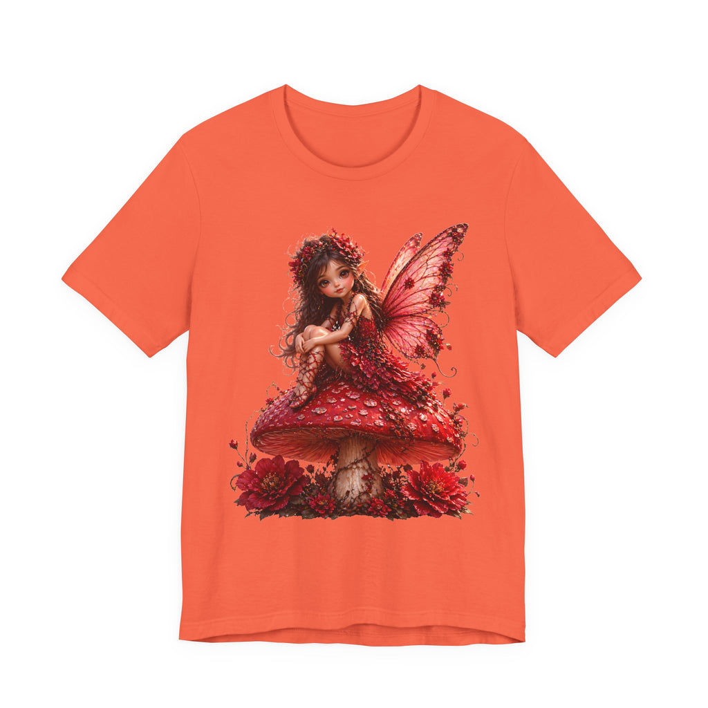 Fairy on Red Mushroom T‑Shirt — Whimsical Red Fairy Graphic Tee