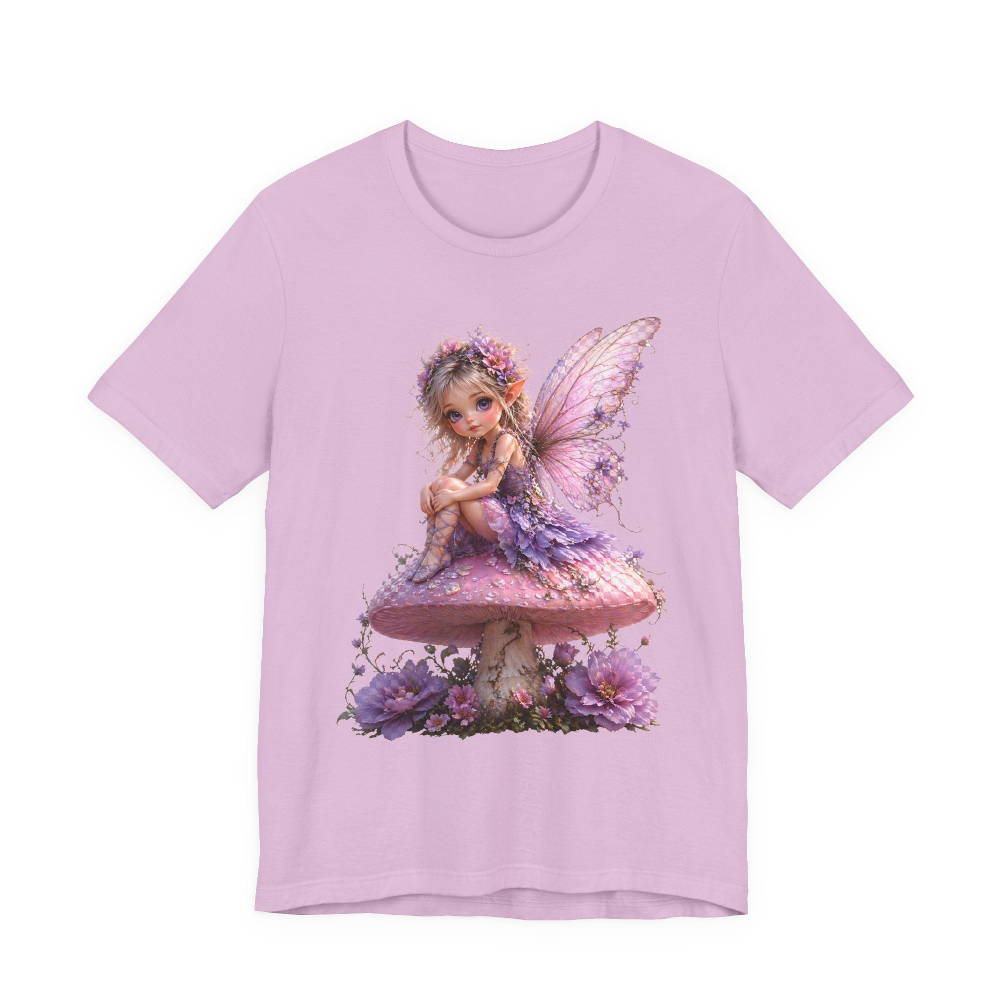 Fairy on Mushroom T-Shirt — Cute Pink Butterfly Fairy Graphic Tee for Kids & Adults