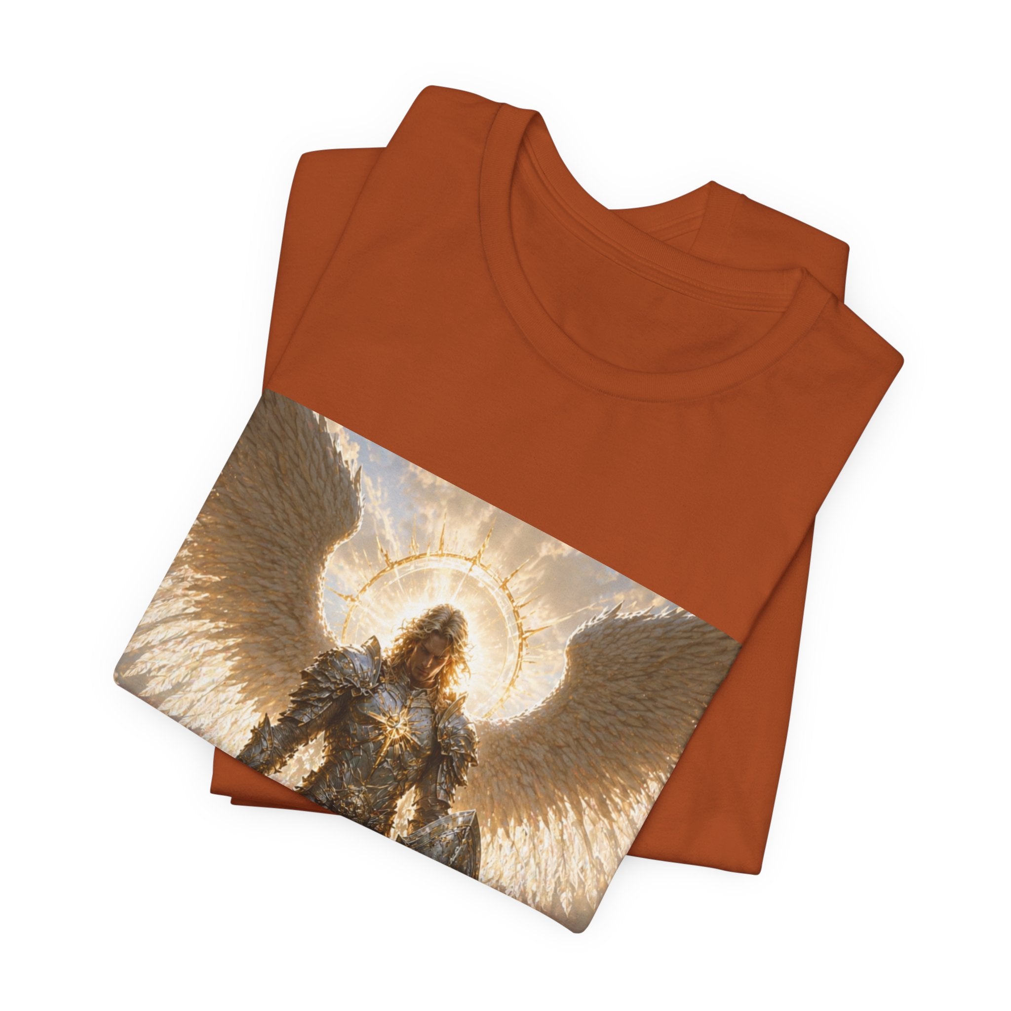 Archangel Warrior Graphic Tee — Golden Angel with Sword & Shield