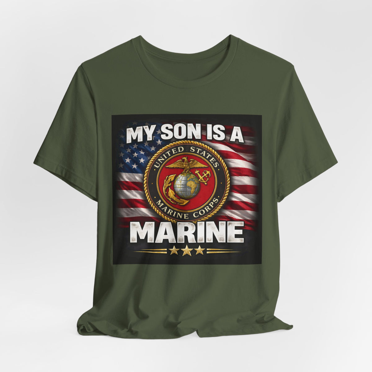 Marine Pride T-Shirt — "My Son Is A Marine" American Flag Emblem