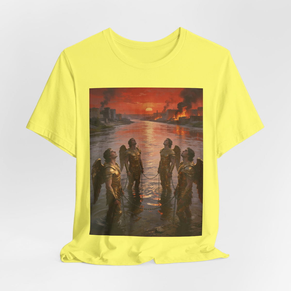 Revelation 9 reveals four fallen angels bound in the Euphrates River, awaiting God’s appointed time to bring judgment. T-Shirt