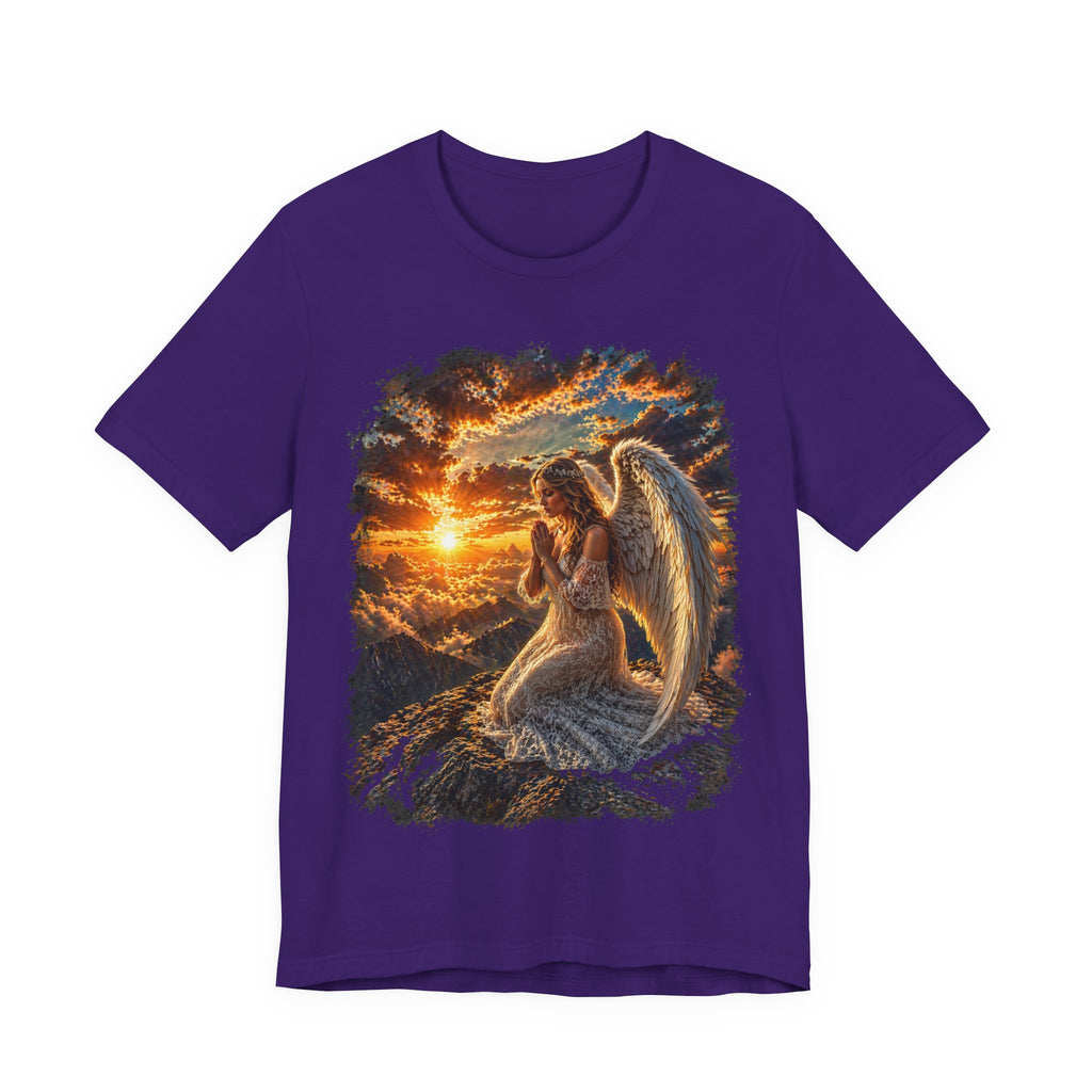 Angel at Sunset Graphic Tee — Prayerful Guardian Winged Angel T-Shirt