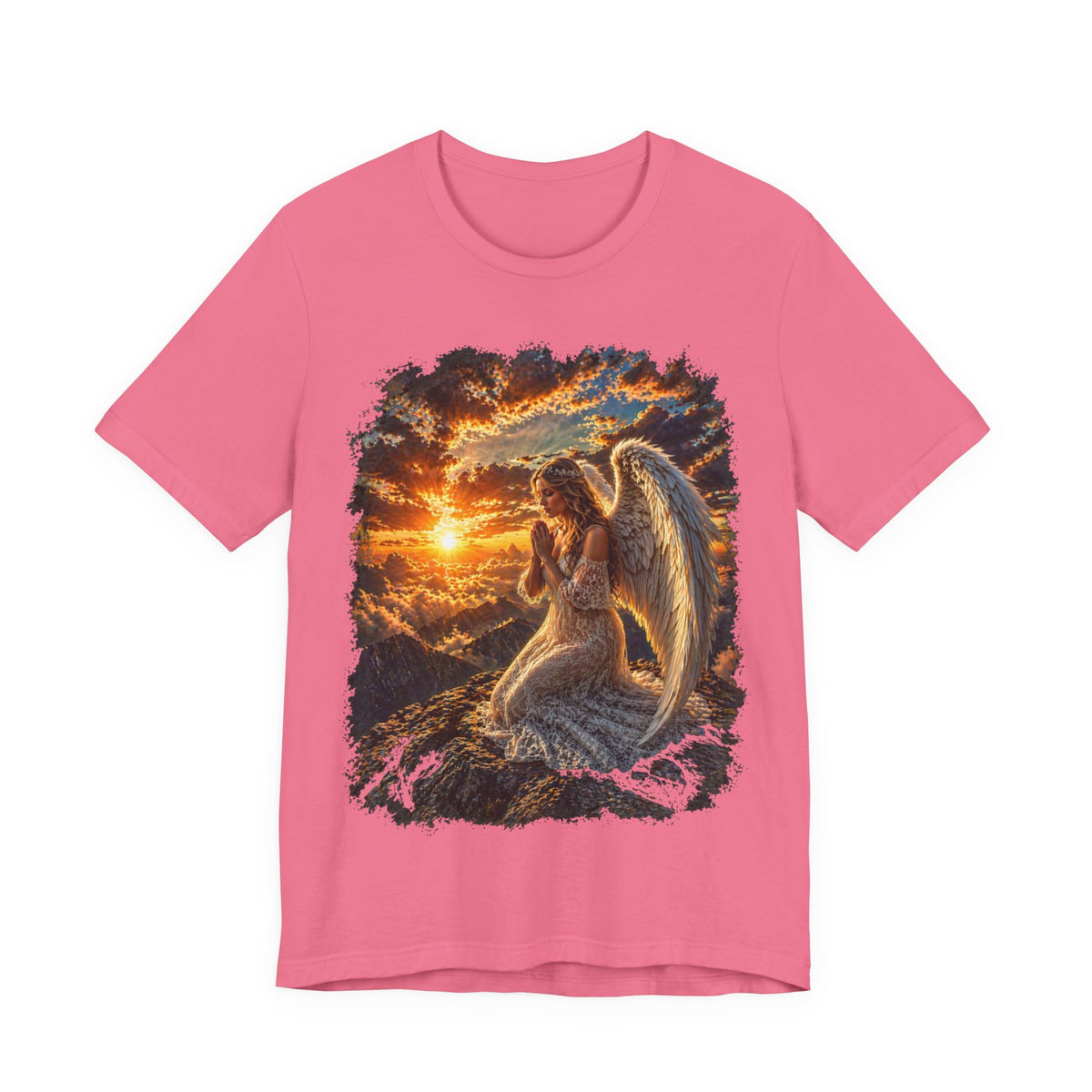 Angel at Sunset Graphic Tee — Prayerful Guardian Winged Angel T-Shirt