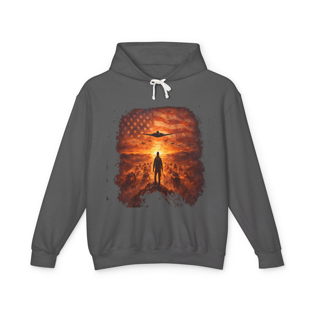 B2 Sprite---Sunset Flag Hoodie — Alien Silhouette American Flag Graphic