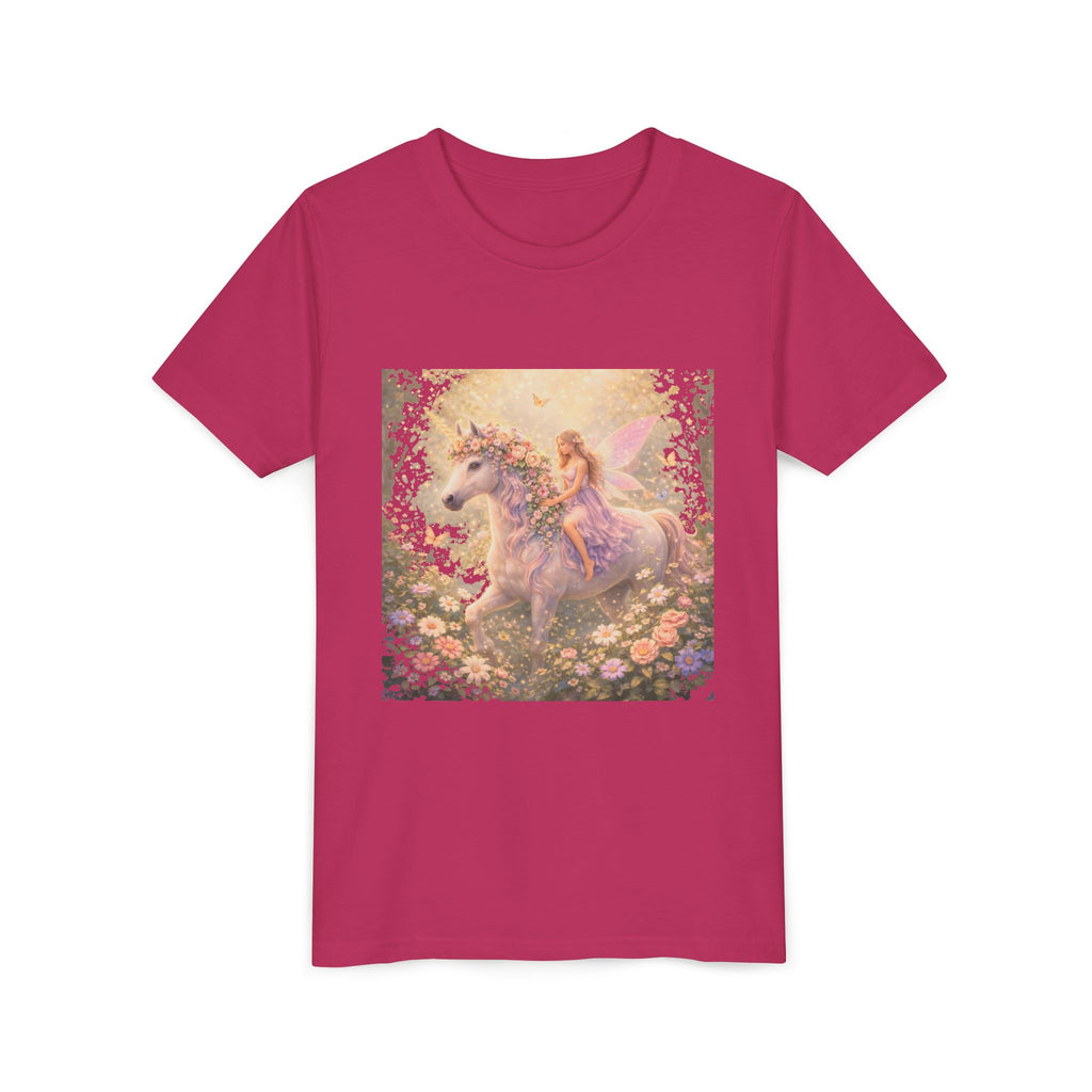 Youth Tee — Magical Fairy Riding Unicorn in Floral Garden Kids Shirt