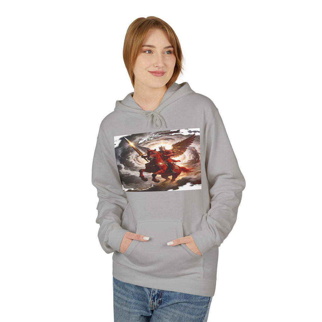 The red horse from Revelation 6:3-4 Angel Warrior Hoodie — Dramatic Archangel Battle Graphic Pullover