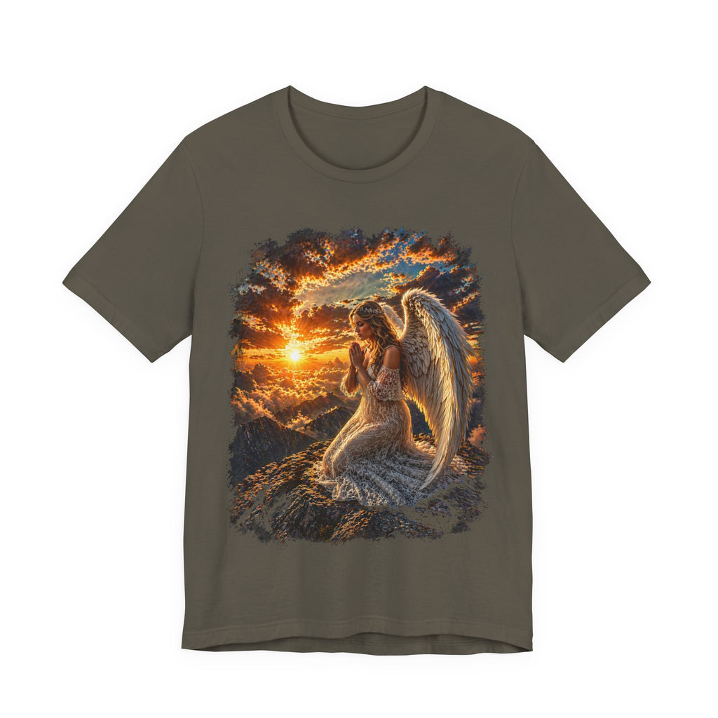 Angel at Sunset Graphic Tee — Prayerful Guardian Winged Angel T-Shirt