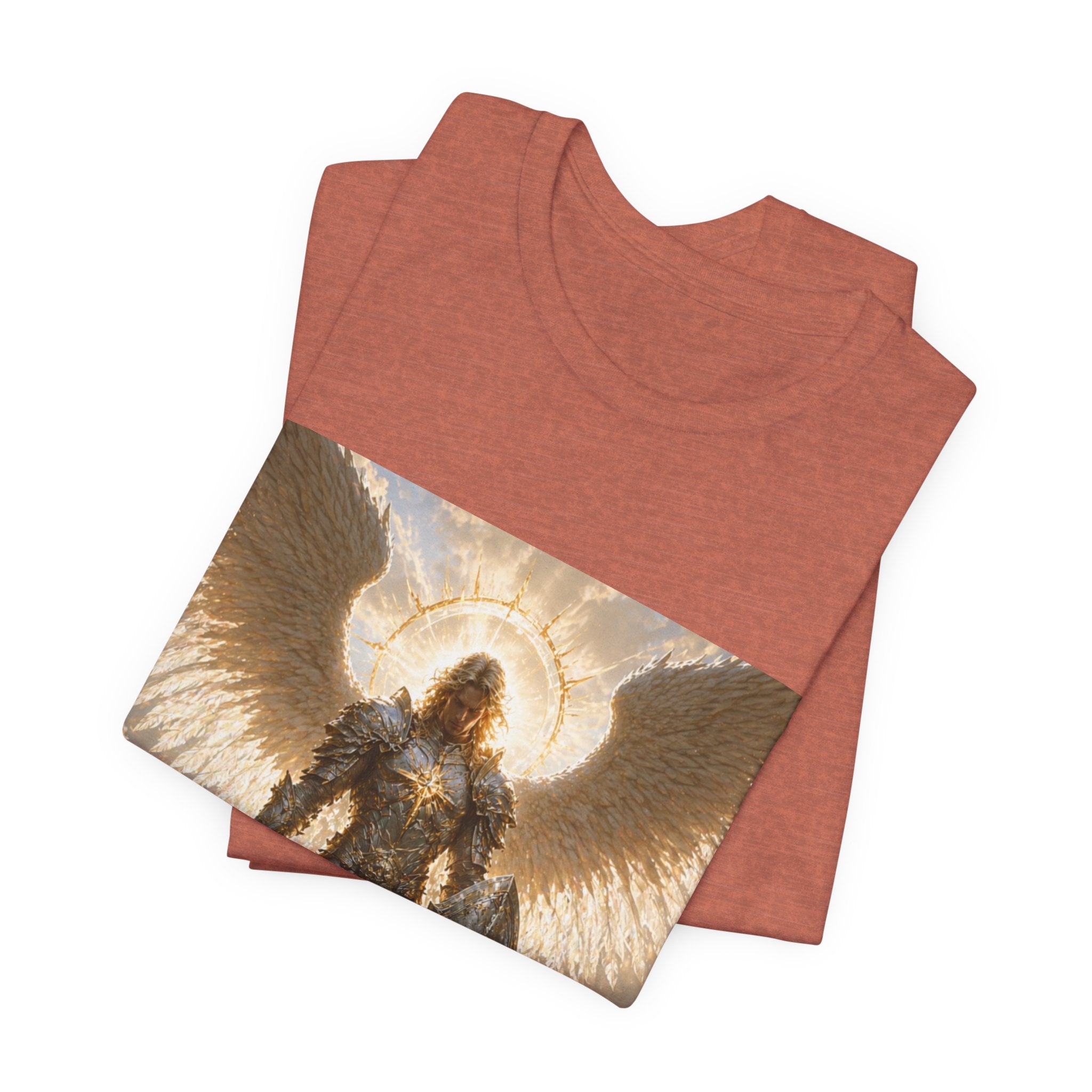 Archangel Warrior Graphic Tee — Golden Angel with Sword & Shield