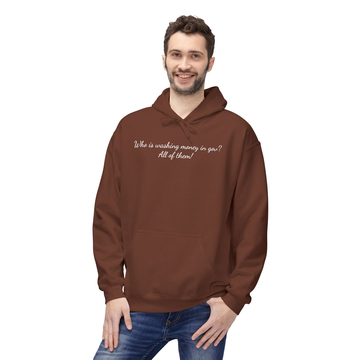 "Who is washing money in gov? All of them!" Minimal Script Chest Hoodie
