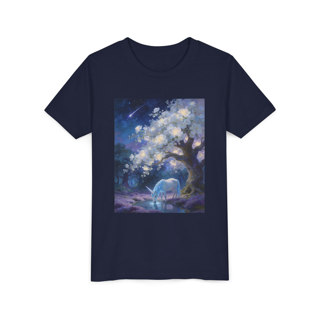 Youth Tee — Magical Night Unicorn Under Starry Tree