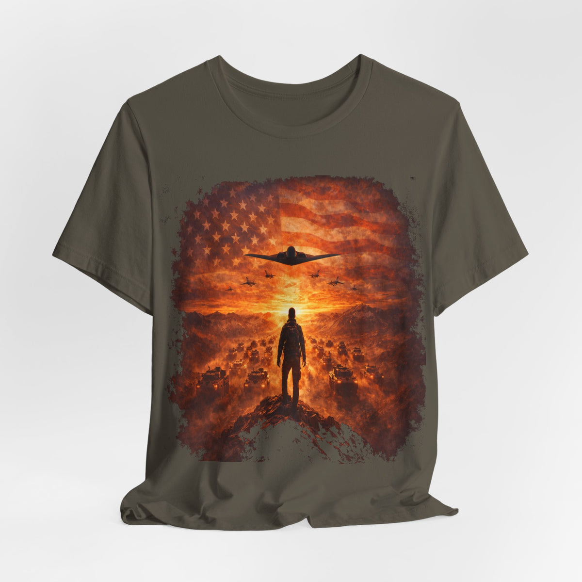 USA-Military Aviation T-Shirt — Bomber Silhouette with American Flag Sunset