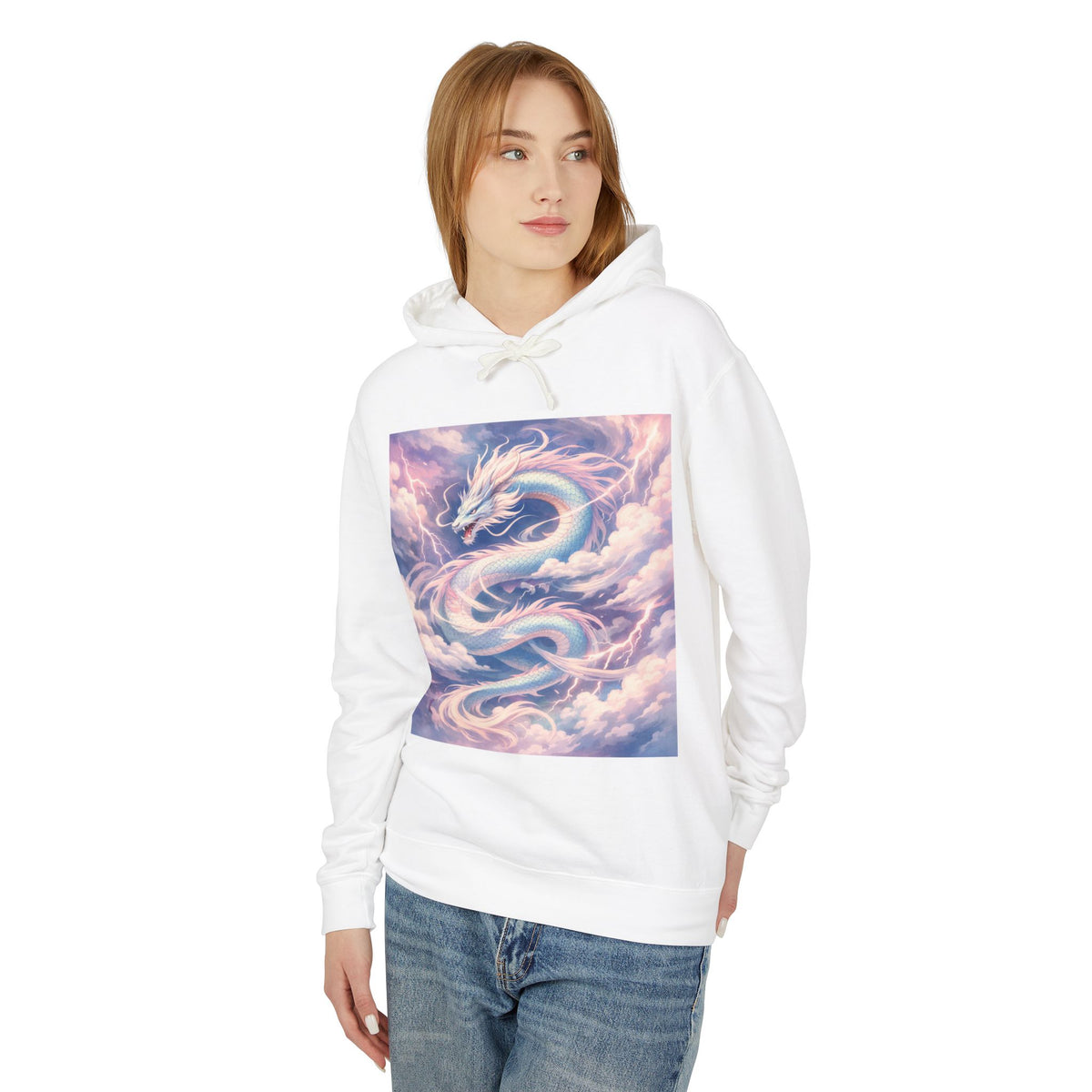 Pastel Cloud Dragon Hoodie — Ethereal Fantasy Hoodie for Fans of Mythical Art