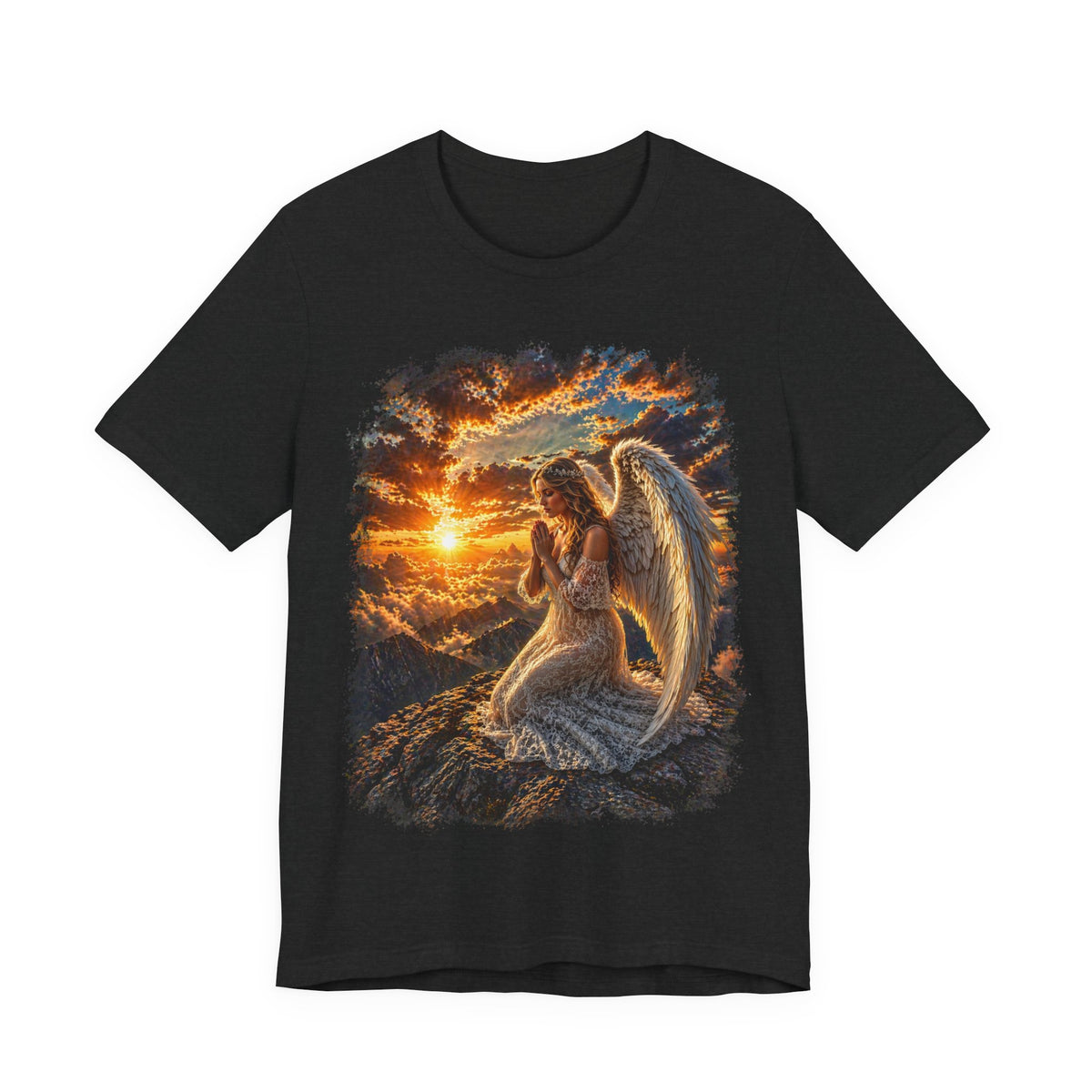 Angel at Sunset Graphic Tee — Prayerful Guardian Winged Angel T-Shirt