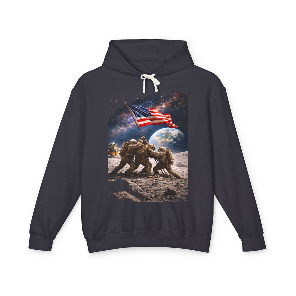 Patriotic Moon Landing Hoodie — Astronauts Raising American Flag Graphic