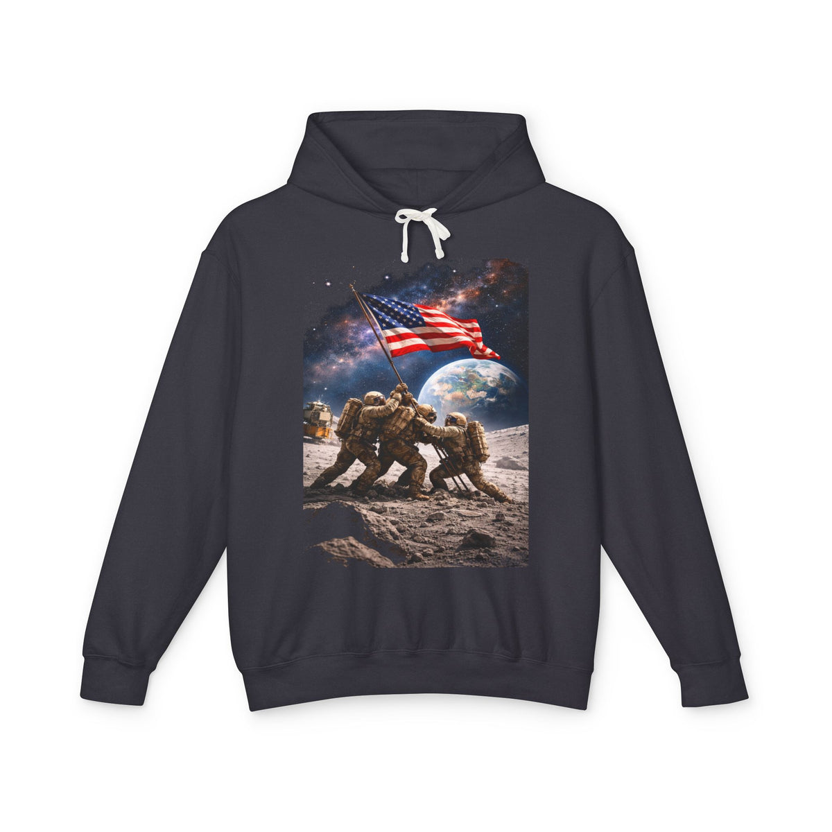 Patriotic Moon Landing Hoodie — Astronauts Raising American Flag Graphic