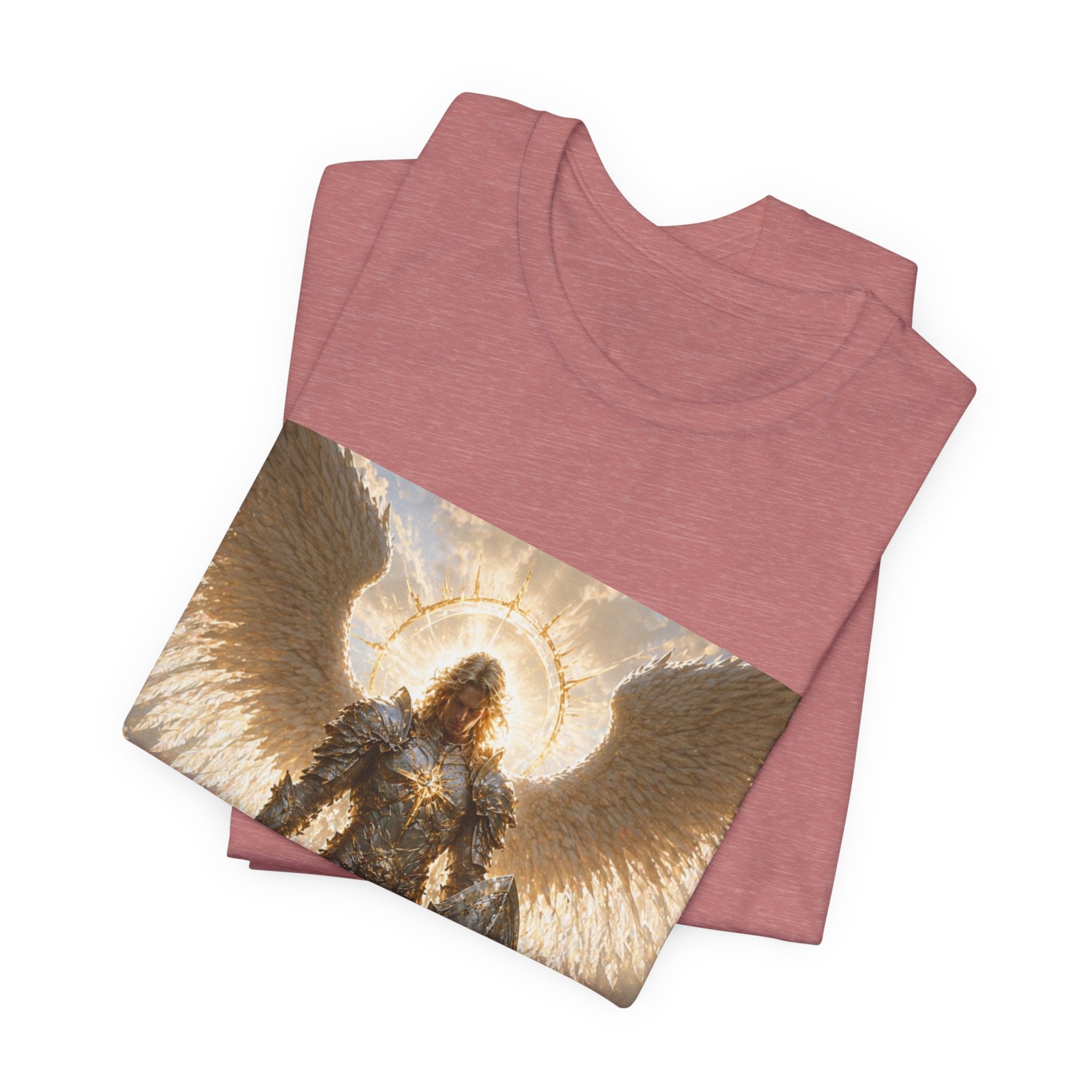 Archangel Warrior Graphic Tee — Golden Angel with Sword & Shield