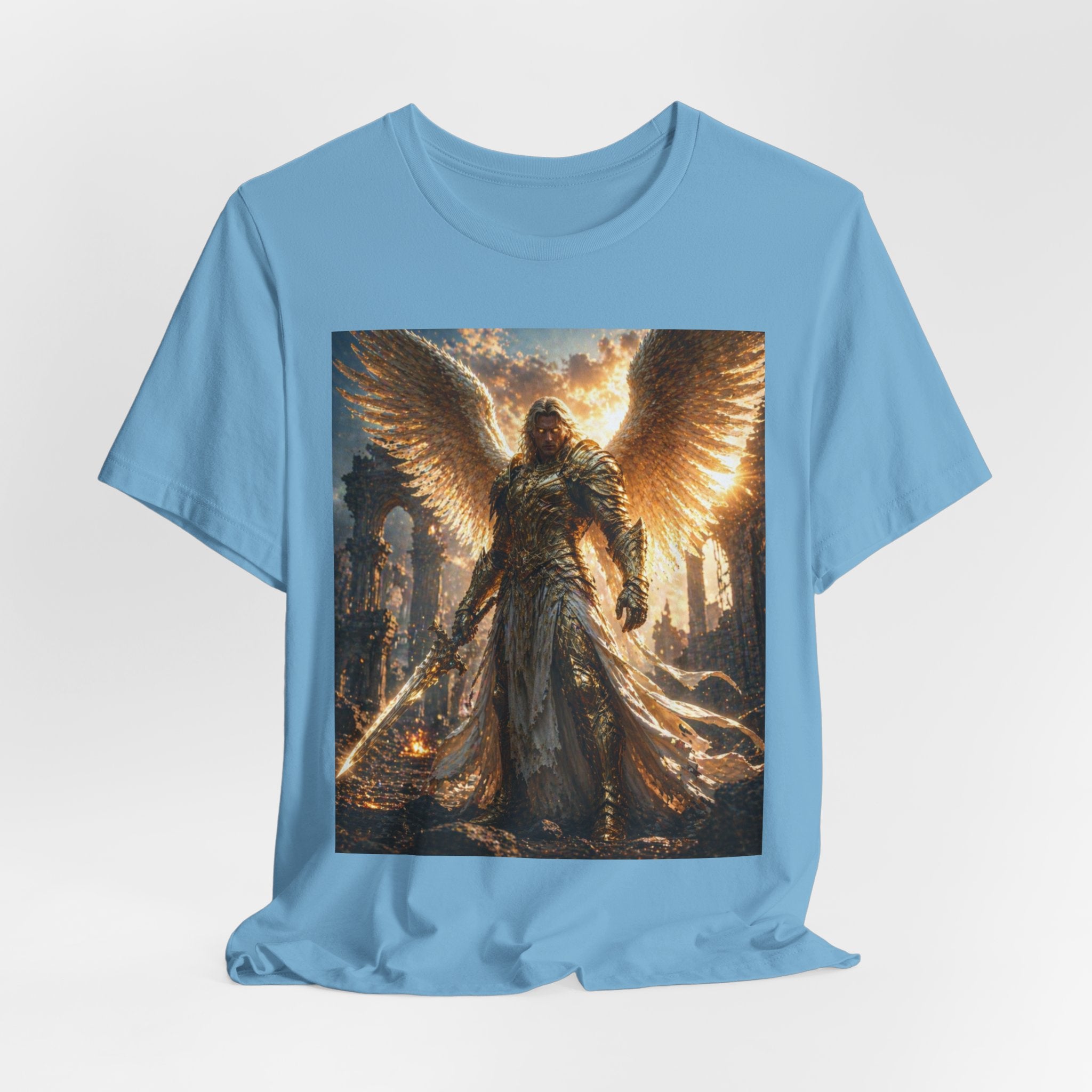 Angel Warrior Graphic Tee — Golden Archangel Battle Scene T-Shirt