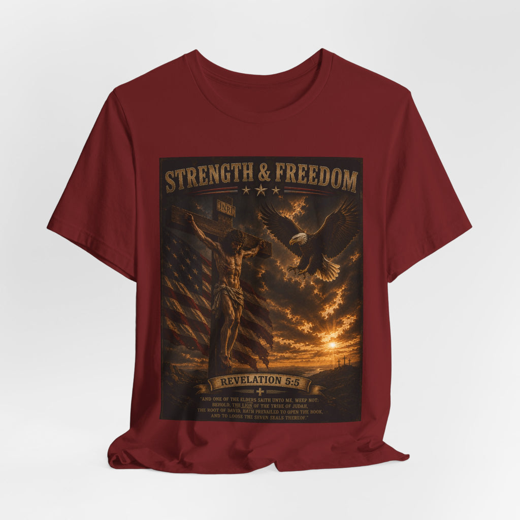 Strength & Freedom Christian T‑Shirt – Revelation 12:11 Eagle & Cross Faith Tee