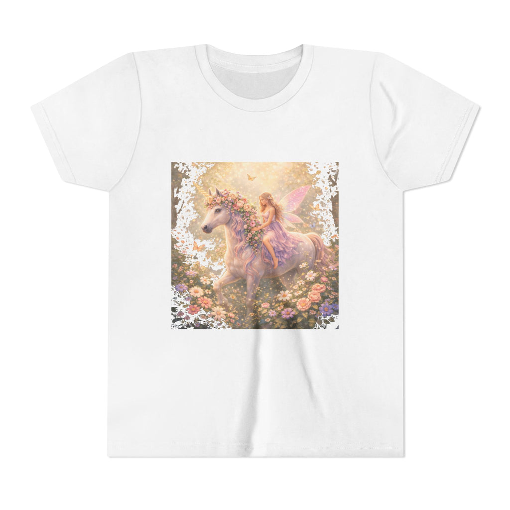 Youth Tee — Magical Fairy Riding Unicorn in Floral Garden Kids Shirt