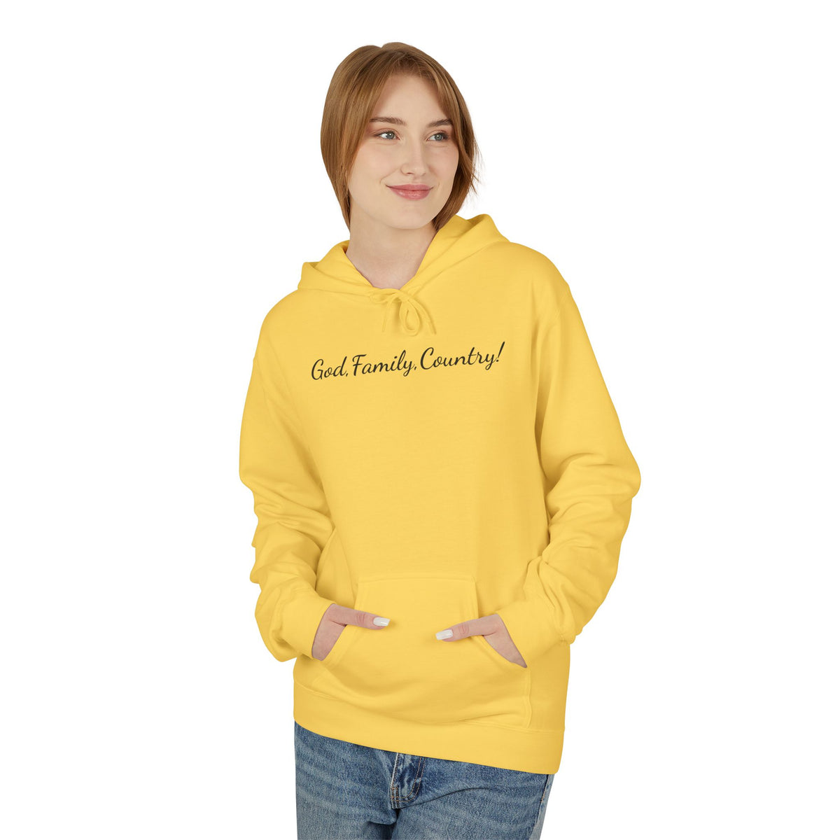 God, Family & Country Hoodie - Minimal Script Pullover for Patriotic Faithwear
