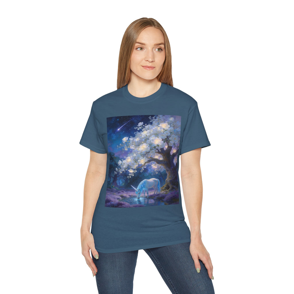 Unicorn Mystic Night Sheep Cotton Tee — Dreamy Moonlit Tree Art T-Shirt