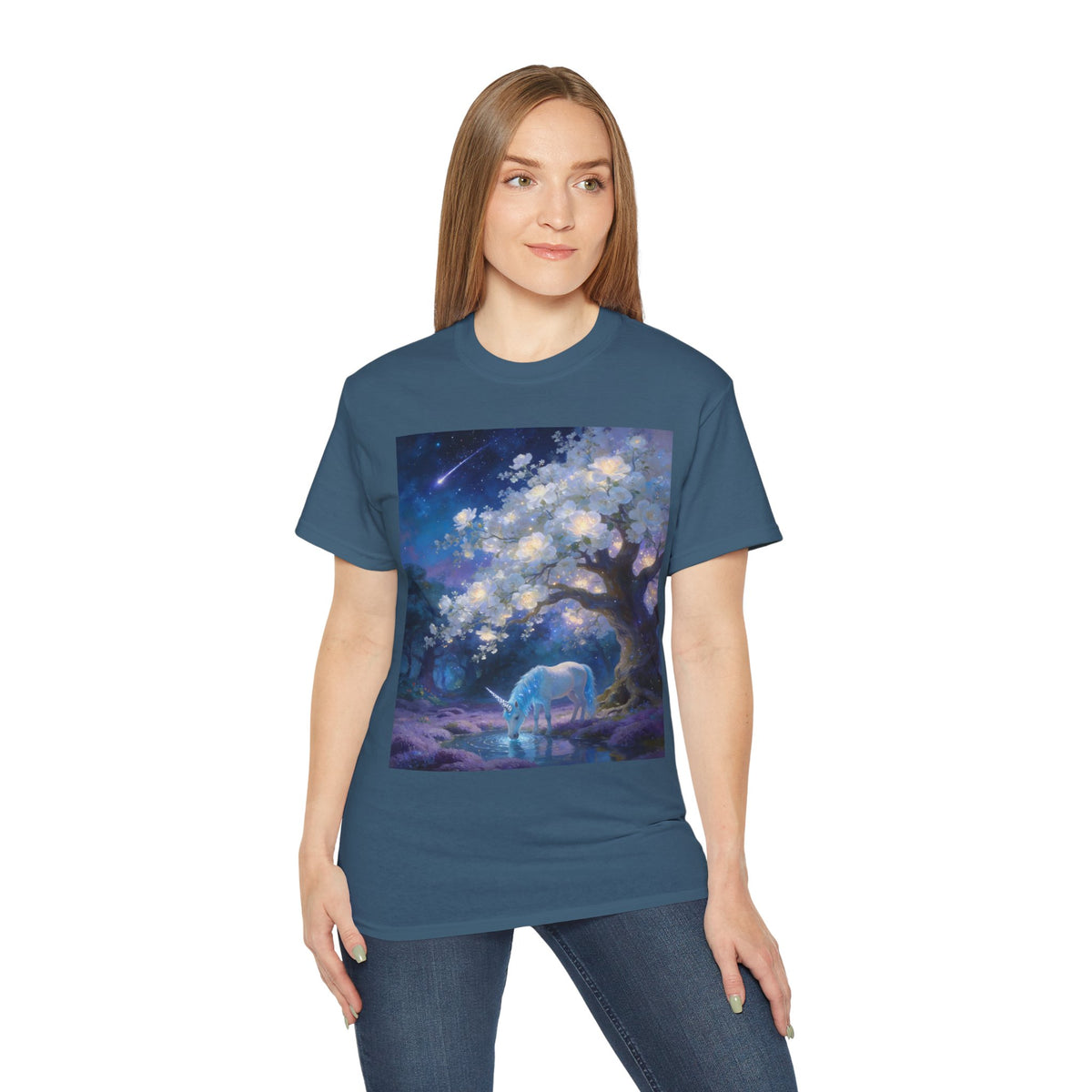 Unicorn Mystic Night Sheep Cotton Tee — Dreamy Moonlit Tree Art T-Shirt