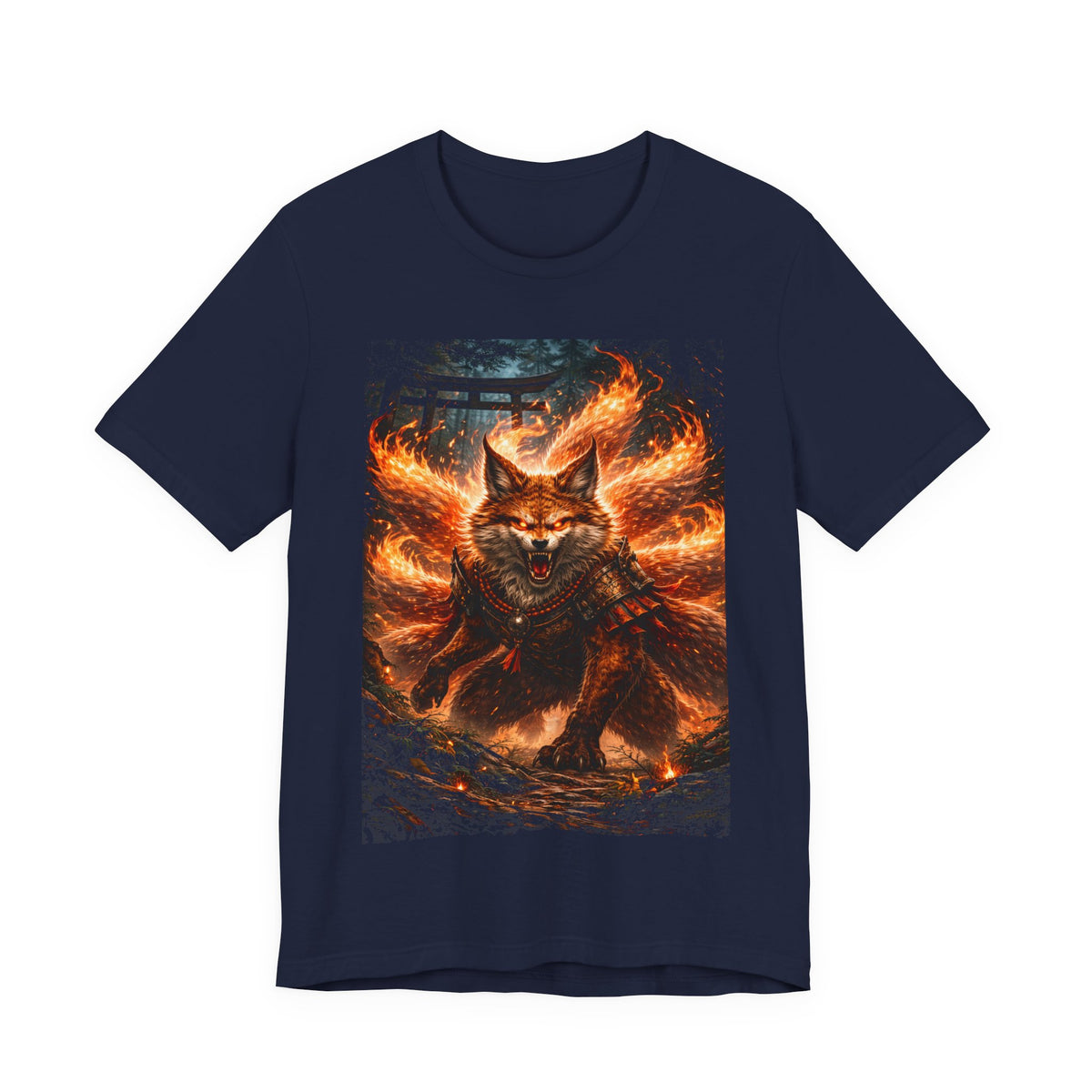 Fiery Nine-Tailed Fox Graphic Tee – Mythic Kitsune Flame Shirt