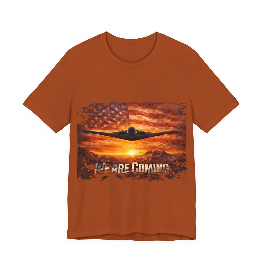 We Are Coming Military T-Shirt – American Flag Bomber Plane Graphic Tee
