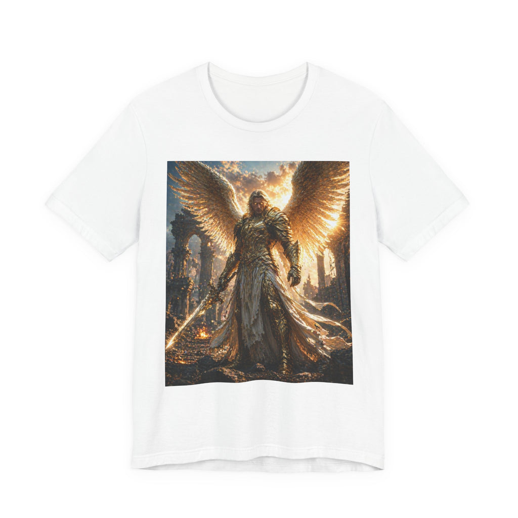Angel Warrior Graphic Tee — Golden Archangel Battle Scene T-Shirt