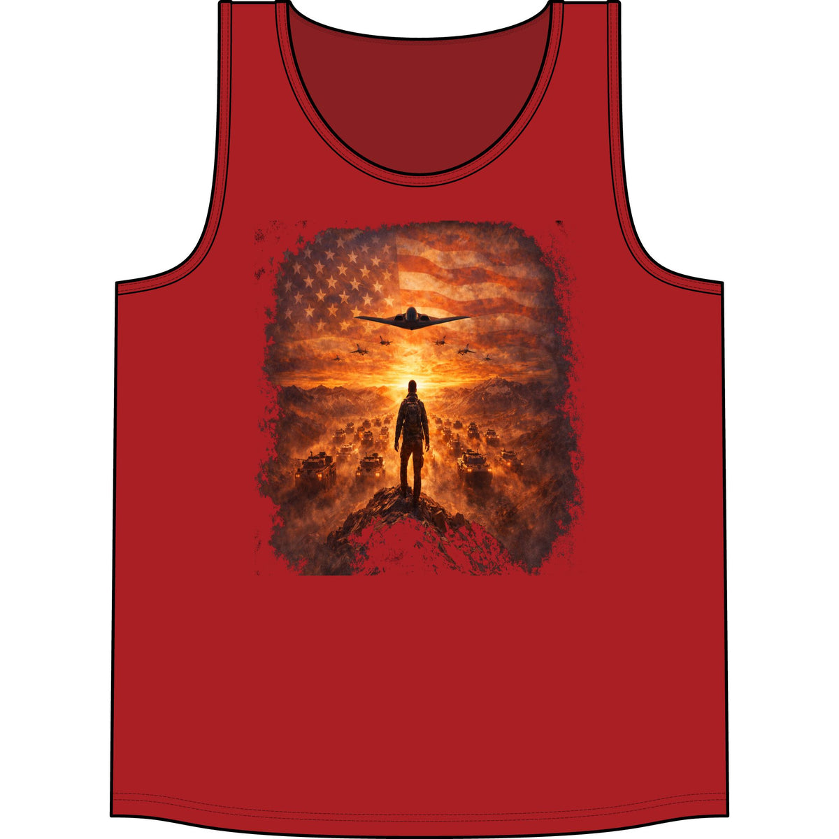 Patriotic Pilot Tank Top - American Flag B-2 Bomber Sunset Graphic