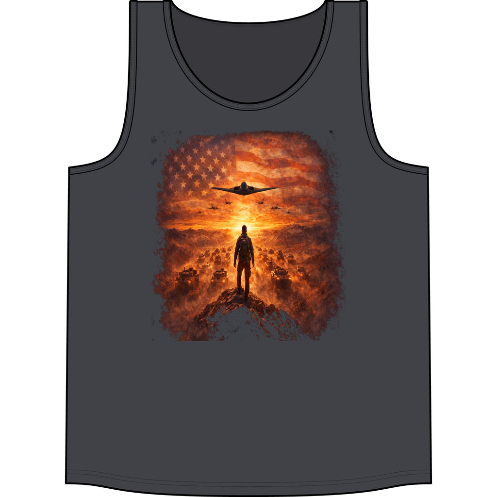 Patriotic Pilot Tank Top - American Flag B-2 Bomber Sunset Graphic