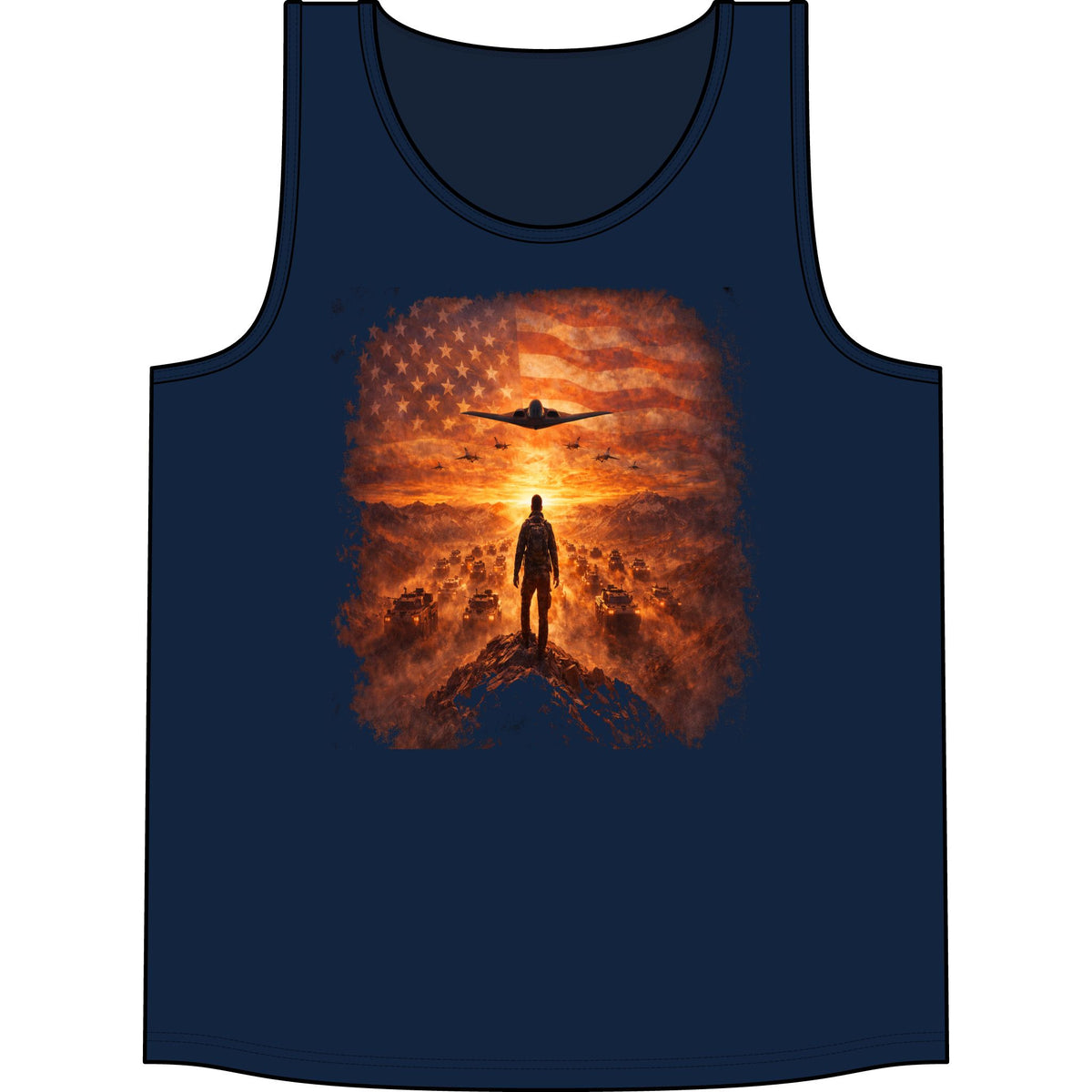 Patriotic Pilot Tank Top - American Flag B-2 Bomber Sunset Graphic