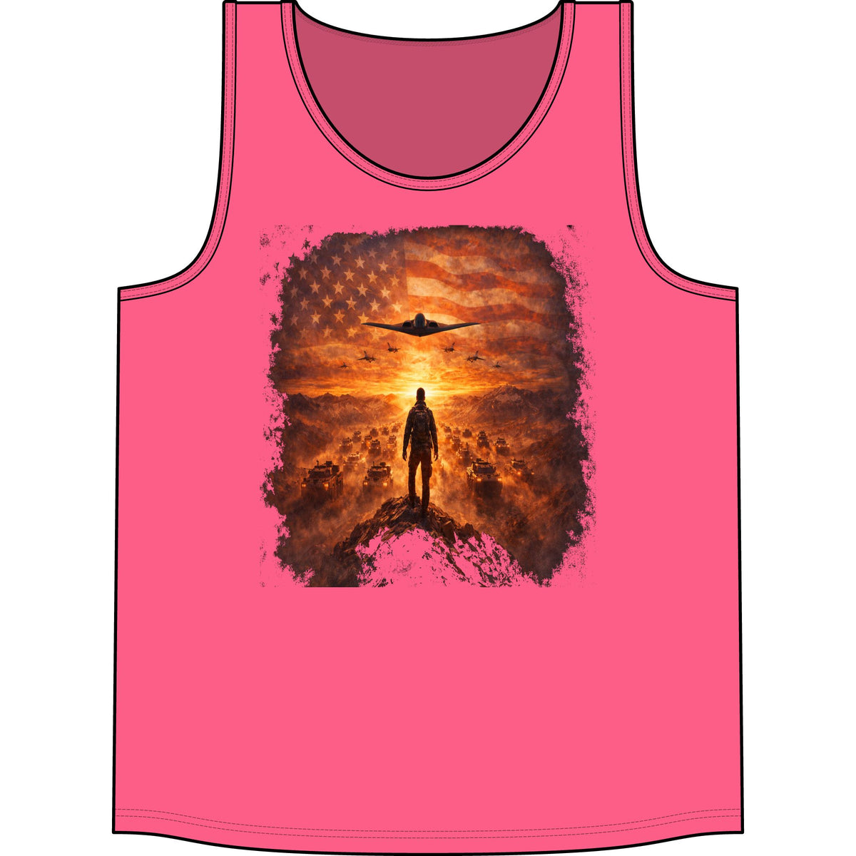 Patriotic Pilot Tank Top - American Flag B-2 Bomber Sunset Graphic