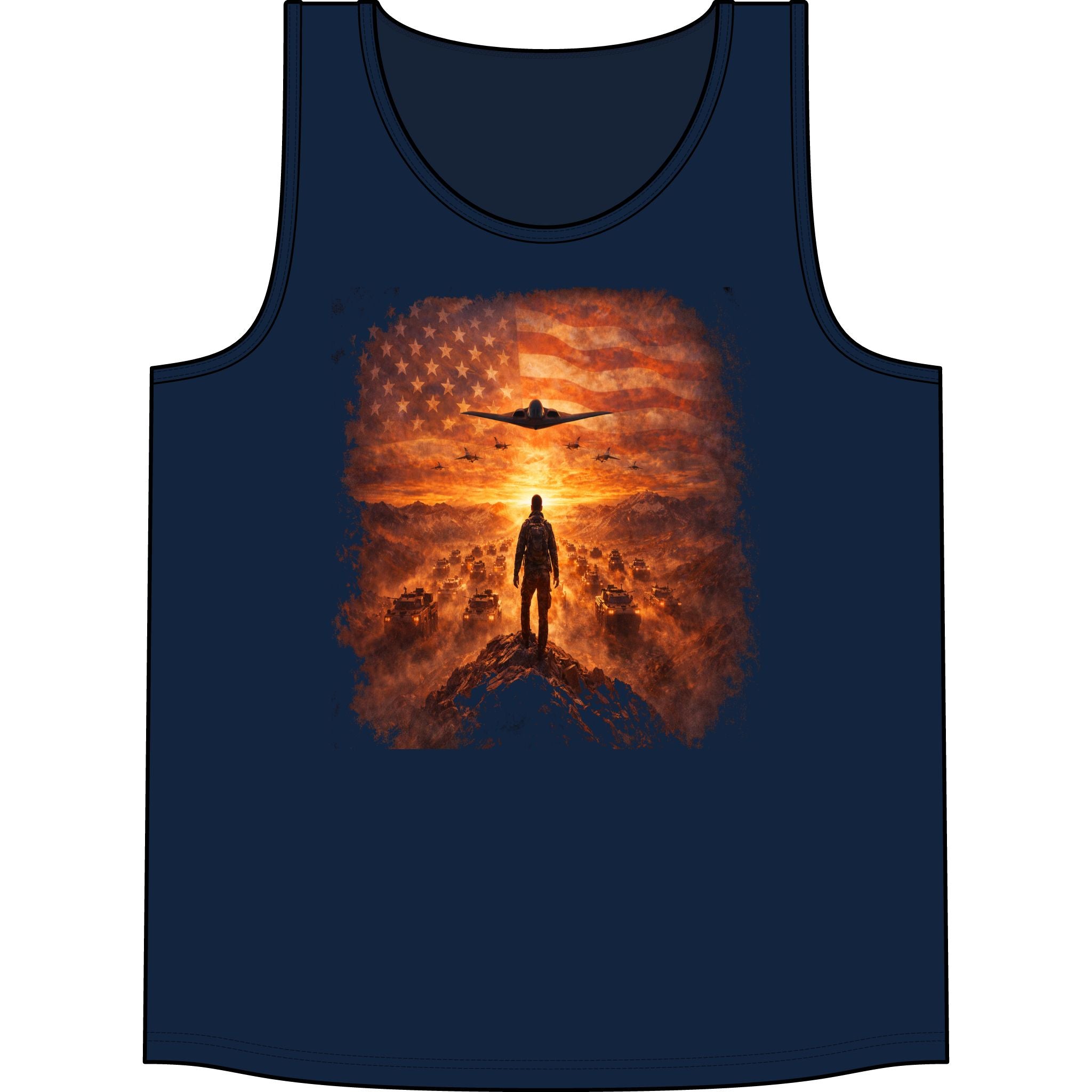 Patriotic Pilot Tank Top - American Flag B-2 Bomber Sunset Graphic