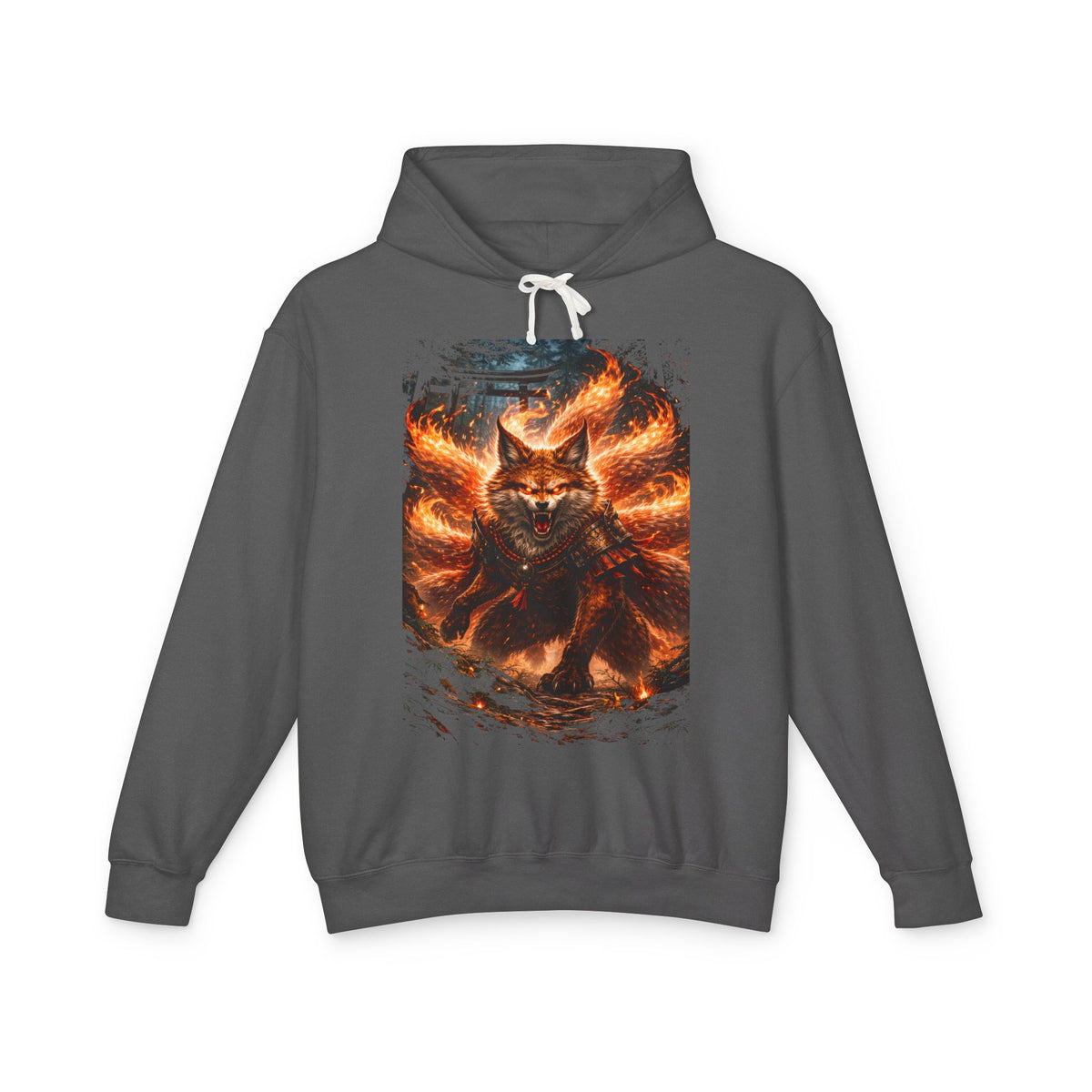Fiery Nine-Tailed Fox Hoodie — Kitsune Flame Graphic Sweatshirt