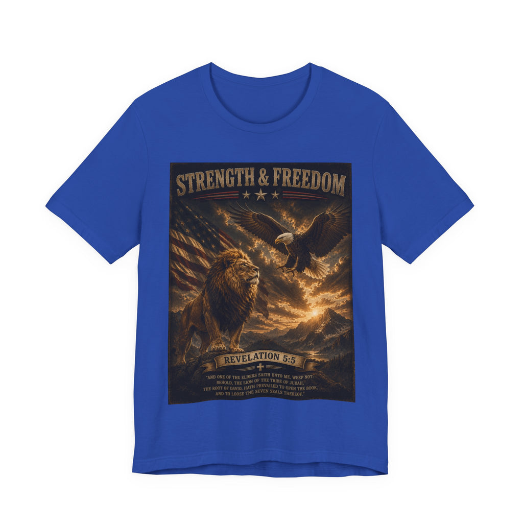 Strength & Freedom Christian Lion Tee – Revelation 5:5 Inspirational Graphic T-Shirt