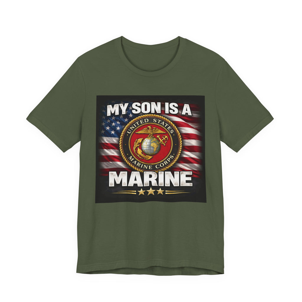 Marine Pride T-Shirt — "My Son Is A Marine" American Flag Emblem