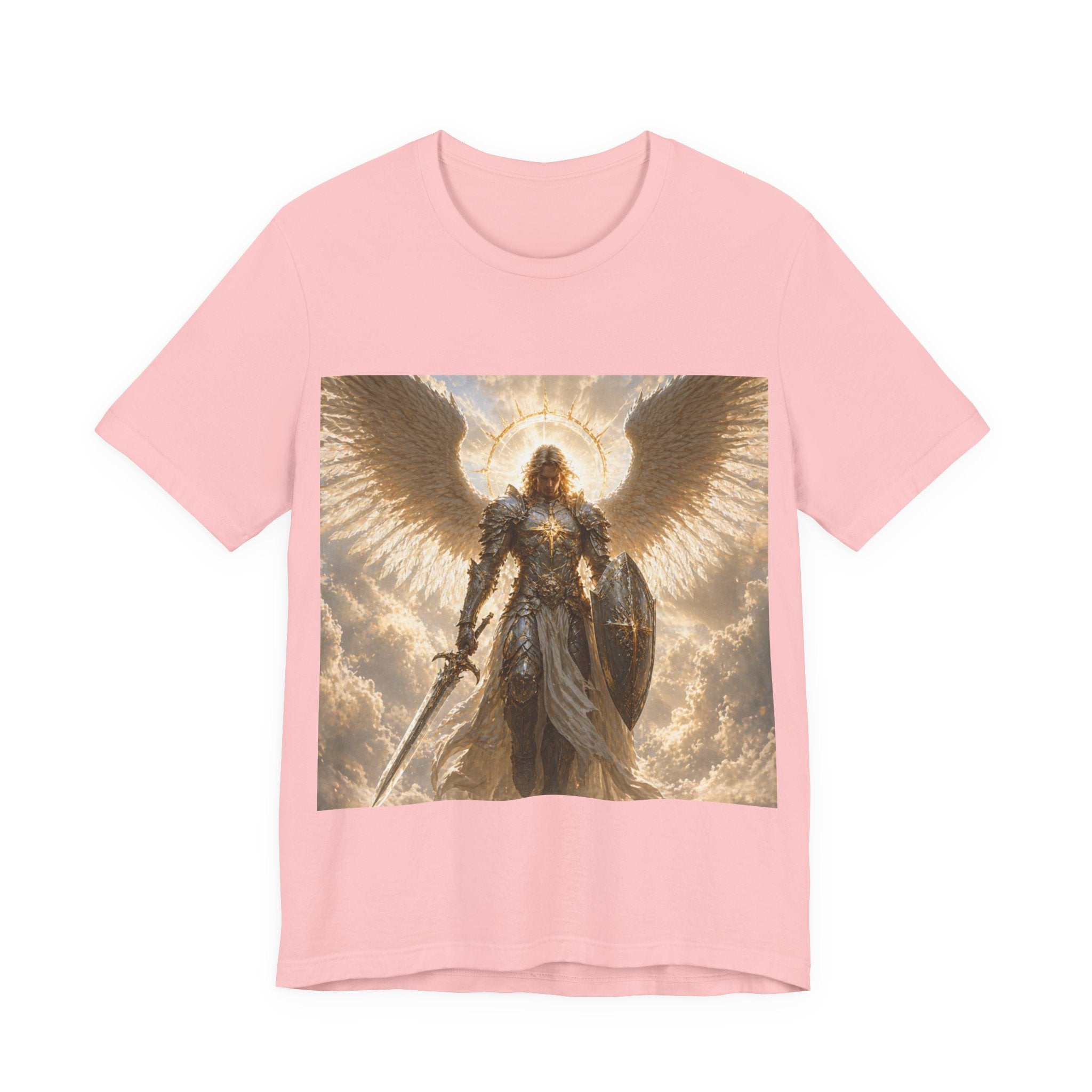 Archangel Warrior Graphic Tee — Golden Angel with Sword & Shield