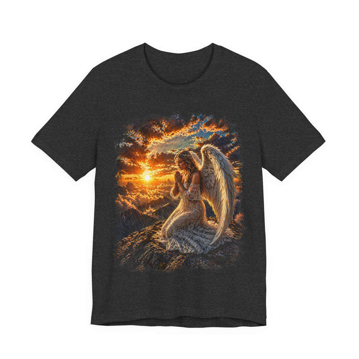 Angel at Sunset Graphic Tee — Prayerful Guardian Winged Angel T-Shirt