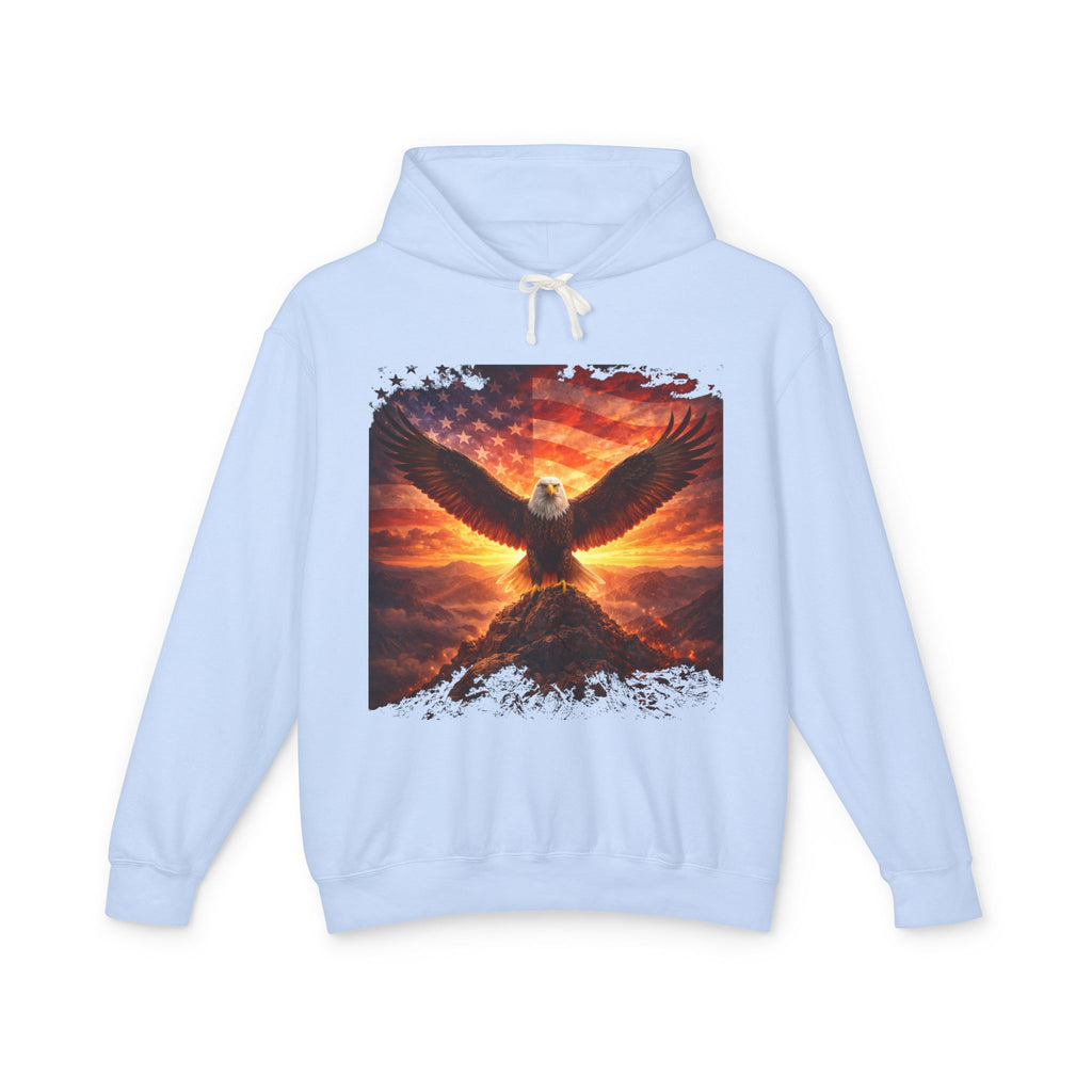 Eagle Rising Hoodie — Patriotic Bald Eagle Sunset Graphic Sweatshirt