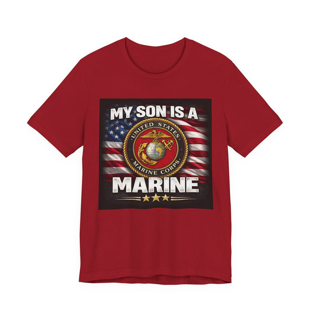Marine Pride T-Shirt — "My Son Is A Marine" American Flag Emblem