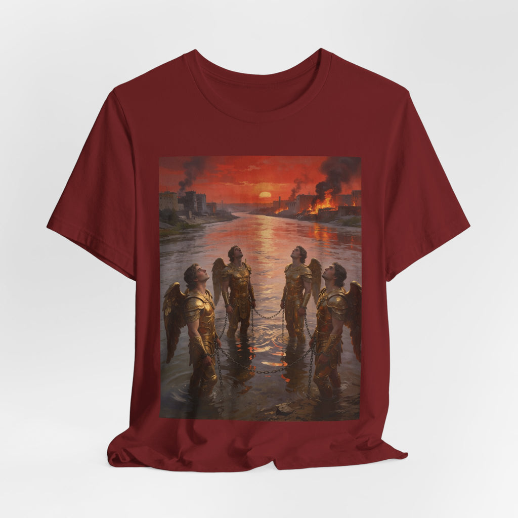 Revelation 9 reveals four fallen angels bound in the Euphrates River, awaiting God’s appointed time to bring judgment. T-Shirt