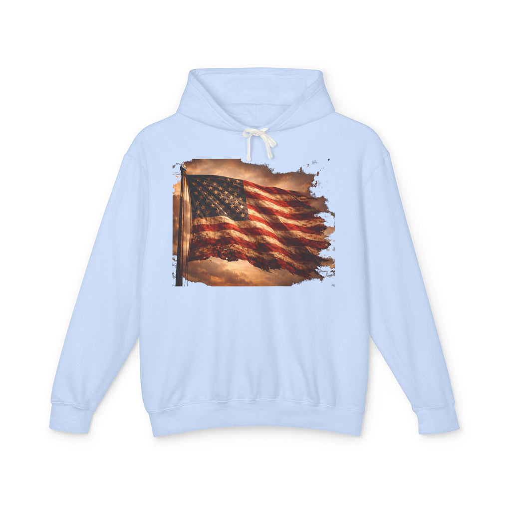 Distressed American Flag Hoodie — Vintage Patriot Lightweight Sweatshirt