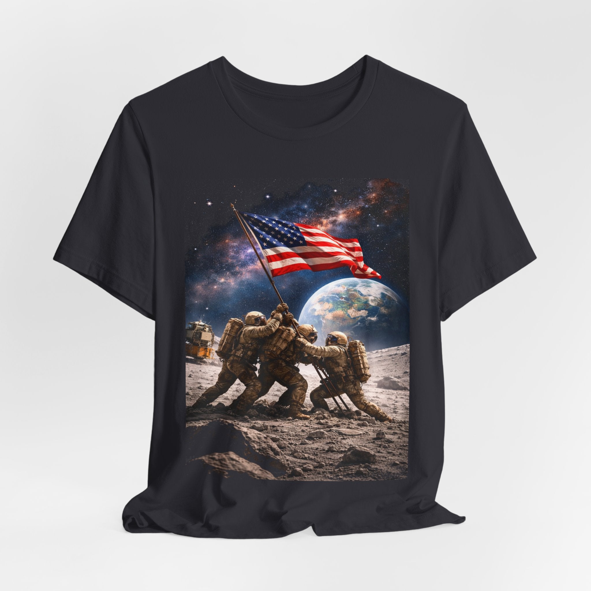 Patriotic Moon Landing Tee — Soldiers Raising American Flag Graphic T-Shirt
