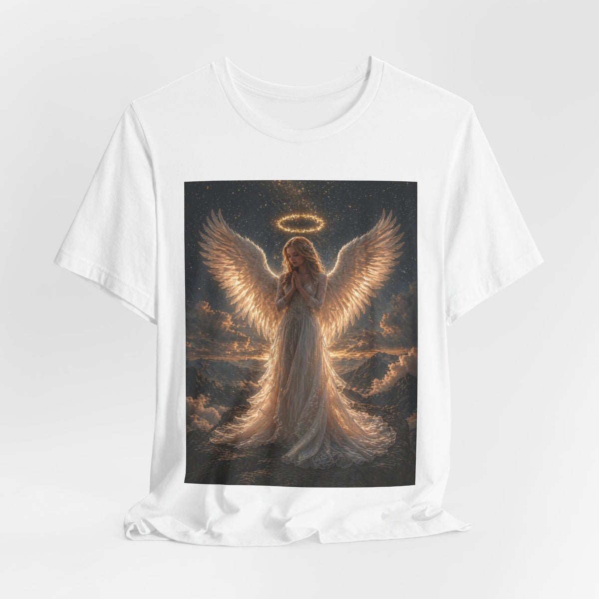 Angel Wings Graphic Tee — Glowing Halo Spiritual T-Shirt