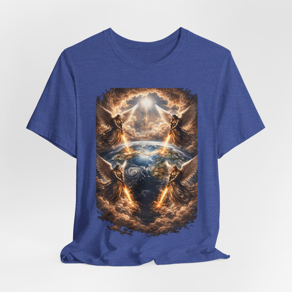 Revelation 7:1 Four angels standing on the four corners of the earth as seen from heaven-when the secound comingis near T‑Shirt — Heavenly Earth & Angels Graphic Tee