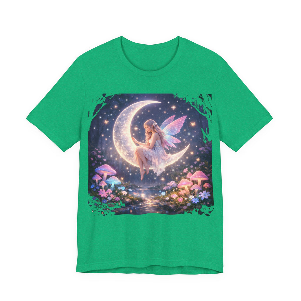 Fairy on the Moon T‑Shirt — Dreamy Fantasy Night Tee with Fairy and Mushrooms
